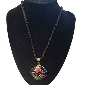 Cloisonné Floral Vintage Pendant Necklace with Black Cord - 28 inches cord